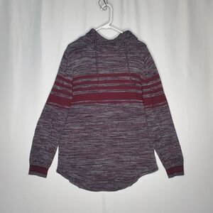 Retrofit Hooded Sweater Men Large Burgundy Marled Gray Stripe Knit Drawstring